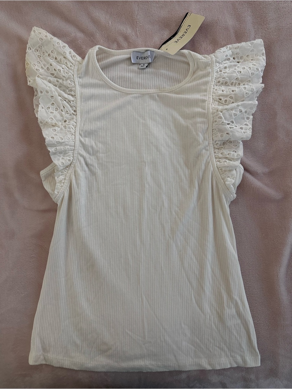 Evereve Cream Ribbed Tank with Eyelet Ruffle Sleeves